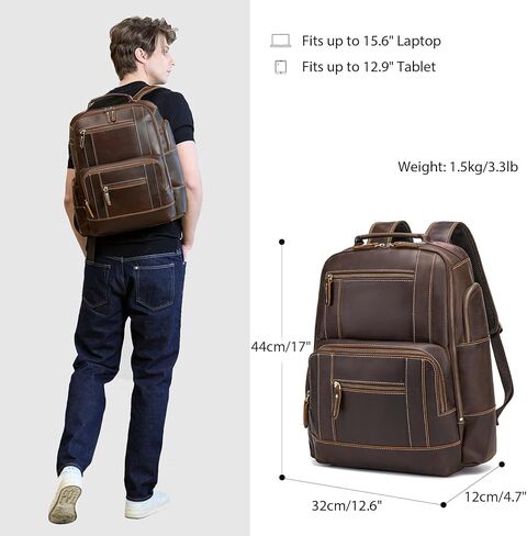 حقيبة ظهر LANNSYNE من الجلد المحبب بالكامل تناسب كمبيوتر محمول مقاس 17 بوصة للرجال، حقيبة ظهر كاجوال للعمل والسفر والمشي لمسافات طويلة والتخييم طوال الليل، سحابات YKK in Kuwait