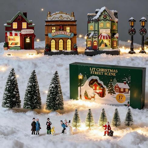 Christmas Village Set 17-Piece, LED Lighted Houses & Figurines, Perfect for Holiday Tabletop Mantel Display Decor in Kuwait