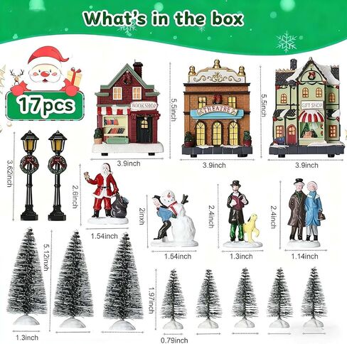 Christmas Village Set 17-Piece, LED Lighted Houses & Figurines, Perfect for Holiday Tabletop Mantel Display Decor in Kuwait