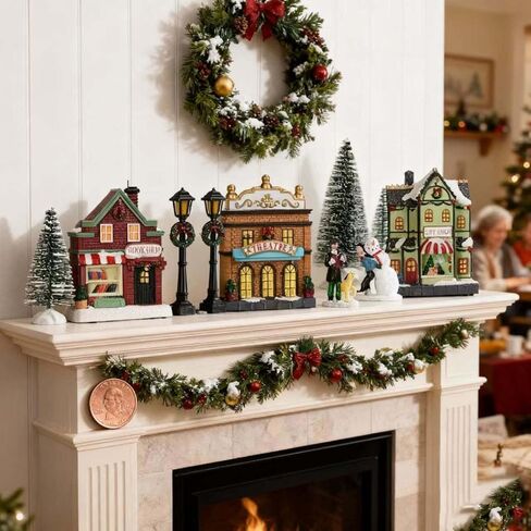 Christmas Village Set 17-Piece, LED Lighted Houses & Figurines, Perfect for Holiday Tabletop Mantel Display Decor in Kuwait