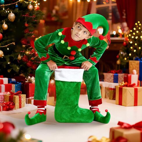 مجموعة عيد الميلاد للأولاد قزم زي سانتا مساعد عيد الميلاد الاحتفالي زي العطلات مع قبعة جوارب بحزام. in Kuwait