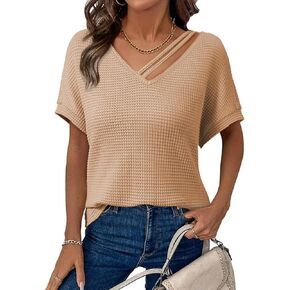 Dokotoo Womens Summer Tops 2026 Waffle Knit Short Sleeve V Neck Shirts Women's Blouses Dressy Casual Basic Tee in Saudi Arabia
