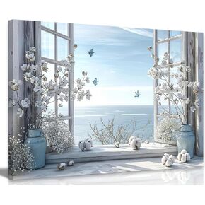 Coastal Flower Bathroom Canvas Wall Art Farmhouse Cotton Bouquet and Butterfly Bathroom on Window Wall Decor Rustic Blue Beach Butterfly Poster Print for Living Room Bedroom Restroom Home Decoration in Saudi Arabia