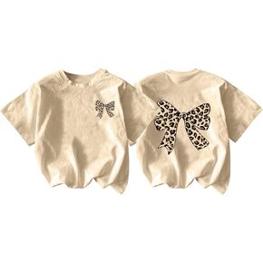 Girl's Bow Leopard Graphic Tees Short Sleeve Cute Preppy Pink Bow Print T-Shirt Casual Crewneck Tops in Kuwait