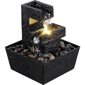 نافورة سطح الطاولة الحديثة باللون الأسود مع ضوء LED - ميزة شلال داخلي لديكور المنزل أو المكتب، نافورة مياه سطح المكتب للاسترخاء من Zen in Kuwait