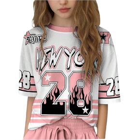 Floerns Girl's Number Jersey Print Shirts V Neck Short Sleeve Oversized Tee Tops in Kuwait