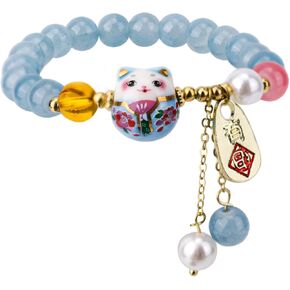 سوار Lucky Cat للنساء، سوار Maneki Neko Good Luck Animal Charm مع مجوهرات كريستال زرقاء لجذب الأموال من أجل الثروة in Kuwait