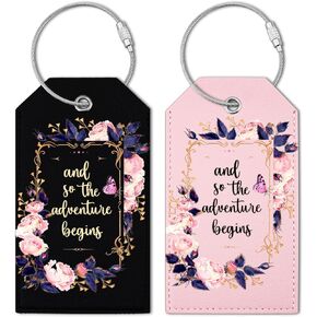 2 Pcs PU Leather Luggage Tag for Suitcases with Privacy Shield and Name ID Tag Address Card Travel Cruise Luggage Tag, Suitable for Men and Women Baggage Handbag Backpack Flower and Words in Saudi Arabia