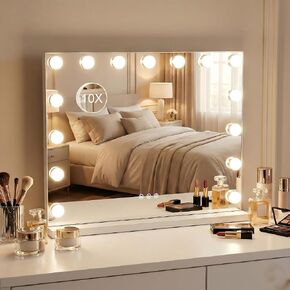Makeup Vanity Mirror with 15 Dimmable LED Bulbs，23"x18" Large Vanity Mirror with 3 Color Lights，Detachable 10X Magnifying Mirror，White Vanity Lighted Mirror for Tabletop and Wall Mounted in Saudi Arabia