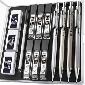 Nicpro 37PCS Metal Mechanical Pencil Set, 8PCS Lead Drafting Pencil 0.5, 0.7, 0.9 mm & 2mm Lead Pencil Holder For Sketching Drawing With 20 Tube (6B 4B 2B HB 2H 4H Colors)Lead Refill Eraser -With Case in Kuwait