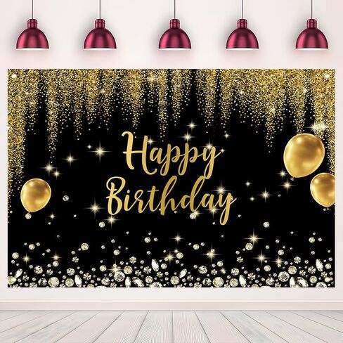 7X5FT Black Gold Happy Birthday Photography Backdrops Diamond Gold Balloon Bokeh Glitter Baby Shower Party Photo Background Indoor Outdoor Decoration Sign Polyester in Kuwait