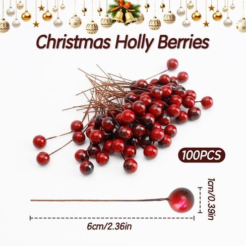 100 pcs Artificial Holly Berries, Mini 10 mm Fake Berries Decor on Wire for Christmas Tree Decorations Flower Wreath DIY Craft Use (Wine Red) in Saudi Arabia
