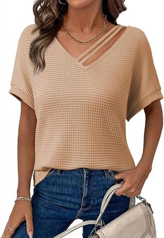 Dokotoo Womens Summer Tops 2026 Waffle Knit Short Sleeve V Neck Shirts Women's Blouses Dressy Casual Basic Tee in Saudi Arabia