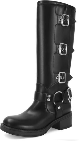 Knee High Boots for Women Square Toe Wide Calf Pull On Riding Buckles Boots Chunky Low Heel Biker Riding Boots in Saudi Arabia