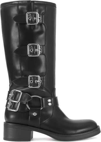 Knee High Boots for Women Square Toe Wide Calf Pull On Riding Buckles Boots Chunky Low Heel Biker Riding Boots in Saudi Arabia