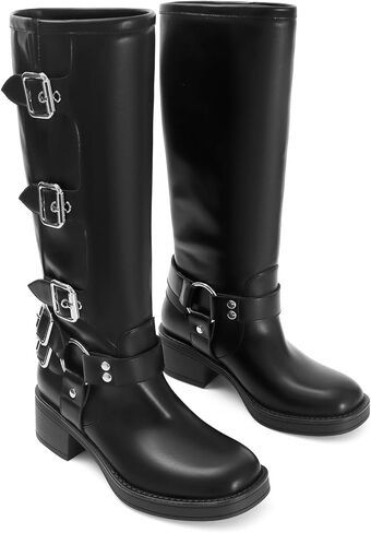 Knee High Boots for Women Square Toe Wide Calf Pull On Riding Buckles Boots Chunky Low Heel Biker Riding Boots in Saudi Arabia