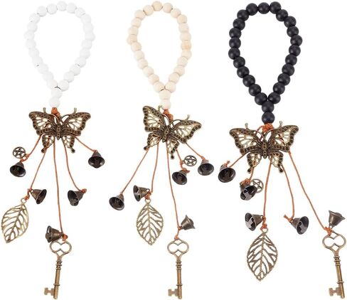 OLYCRAFT 3Pcs 12.8 Inch Witch Bells for Door Knob Witchcraft Bells with Wood Beads Butterfly Pagan Decor Antique Magic Keys Leaf Wood Beads Hanger Witch Bells for Witchy Room Home Decor Witch Supplies in Saudi Arabia