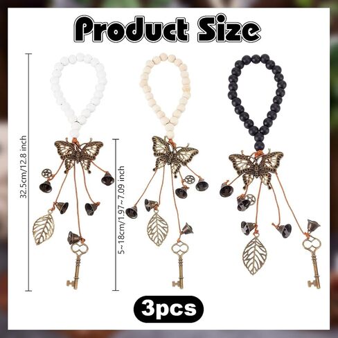 OLYCRAFT 3Pcs 12.8 Inch Witch Bells for Door Knob Witchcraft Bells with Wood Beads Butterfly Pagan Decor Antique Magic Keys Leaf Wood Beads Hanger Witch Bells for Witchy Room Home Decor Witch Supplies in Saudi Arabia