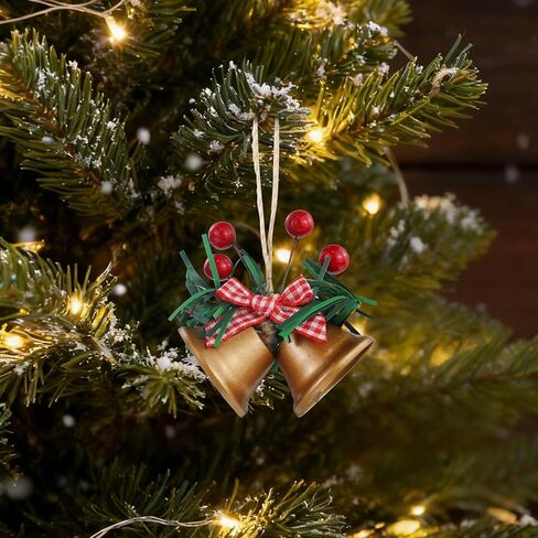 Hanging Christmas Jingle Bells Decor, Christmas Tree Ornaments with Red Checkered Bow & Berry, Xmas Bells for Door/Garland/Fireplace(Gold) in Saudi Arabia