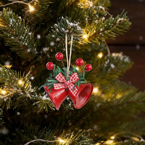 Hanging Christmas Jingle Bells Decor, Christmas Tree Ornaments with Red Checkered Bow & Berry, Xmas Bells for Door/Garland/Fireplace(Gold) in Saudi Arabia