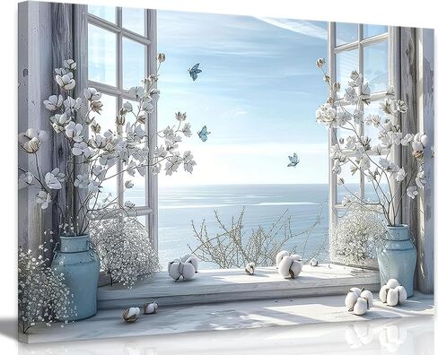 Coastal Flower Bathroom Canvas Wall Art Farmhouse Cotton Bouquet and Butterfly Bathroom on Window Wall Decor Rustic Blue Beach Butterfly Poster Print for Living Room Bedroom Restroom Home Decoration in Saudi Arabia