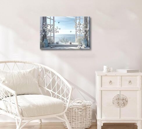Coastal Flower Bathroom Canvas Wall Art Farmhouse Cotton Bouquet and Butterfly Bathroom on Window Wall Decor Rustic Blue Beach Butterfly Poster Print for Living Room Bedroom Restroom Home Decoration in Saudi Arabia