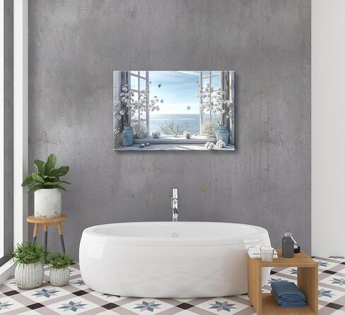 Coastal Flower Bathroom Canvas Wall Art Farmhouse Cotton Bouquet and Butterfly Bathroom on Window Wall Decor Rustic Blue Beach Butterfly Poster Print for Living Room Bedroom Restroom Home Decoration in Saudi Arabia