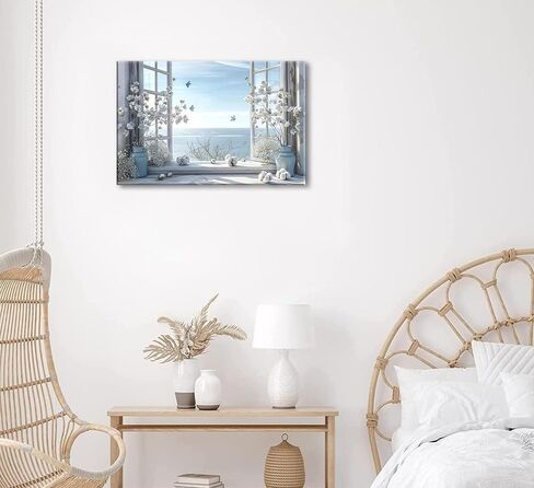 Coastal Flower Bathroom Canvas Wall Art Farmhouse Cotton Bouquet and Butterfly Bathroom on Window Wall Decor Rustic Blue Beach Butterfly Poster Print for Living Room Bedroom Restroom Home Decoration in Saudi Arabia
