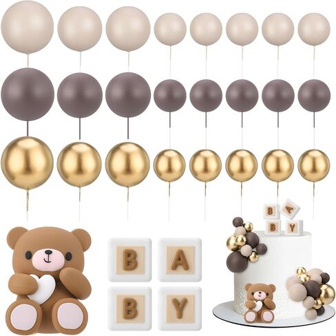 29 Pcs Ball Cake Topper Bear Cake Topper Baby Shower Cake Decorations with Cute Bear Blue BABY Letter Blue Gold White Foam Balloon for Baby Shower Cake Topper Girl Boy(Green) in Kuwait