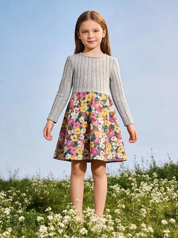 Girls' Long Sleeve Floral Dress, Ribbed Top A-Line Skirt for Kids (4Y-7Y), Round Neck Casual Tunic for Spring Autumn in Saudi Arabia
