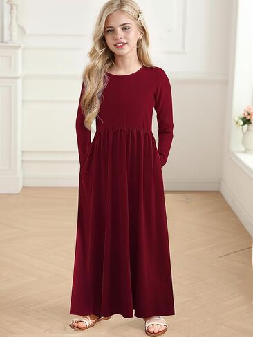 Girls Crew Neck Long Sleeve Solid Color Fall Winter Casual Holiday Maxi Dresses with Pockets 8-14 Years in Saudi Arabia