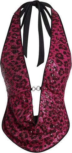 Women's Cheetah Print Sequin Top Y2K Tie Back Corset Halter Going Out Crop Tops Club Outfits for Women in Saudi Arabia
