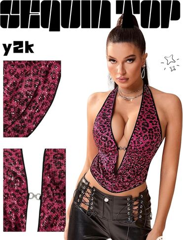 Women's Cheetah Print Sequin Top Y2K Tie Back Corset Halter Going Out Crop Tops Club Outfits for Women in Saudi Arabia