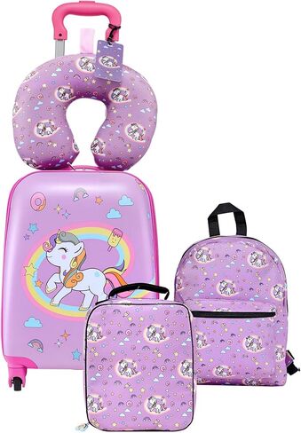 VEVOR Kids Luggage Set, 5 Piece, 18 Inch Hardside Rolling Wheels Suitcase with Backpack & U-shape Pillow, Unicorn Kids Carry on Luggage Set, Holiday Birthday Gift for Girls Boys, Airline Approved in Saudi Arabia