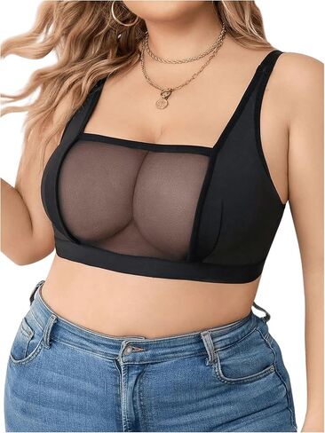 OYOANGLE Women's Plus Size Sheer Wireless Bra Full Coverage Bralette Comfort Everyday Bras in Saudi Arabia