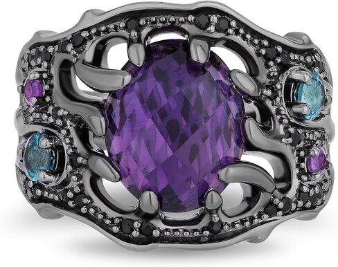 Jewelili Enchanted Disney Fine Jewelry Black Rhodium over Sterling Silver with London Blue Topaz, Amethyst and Black Onyx Ursula Ring in Saudi Arabia