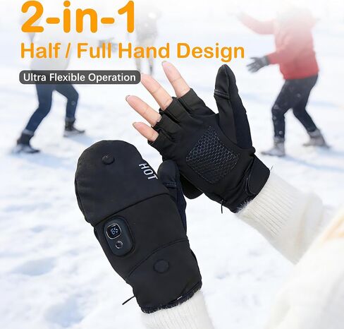 Rechargeable Electric Heated Gloves for Women Men, Flip Top Fingerless Heated Gloves, Full & Half Hand Heating Touchscreen Unisex Gloves for Cold Weather Work Skiing Cycling Snow Outdoor in Saudi Arabia