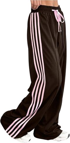 Women's Baggy Sweatpants Y2k Striped Drawstring Waist Wide Leg Stacked Workout Track Pants Streetwear in Saudi Arabia
