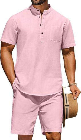 Coofandy Men's 2 قطعة من الكتان القطنية مجموعات شاطئ الصيف ملابس غير رسمية قصيرة الأكمام القمصان Henley وسروال العطلات in Saudi Arabia