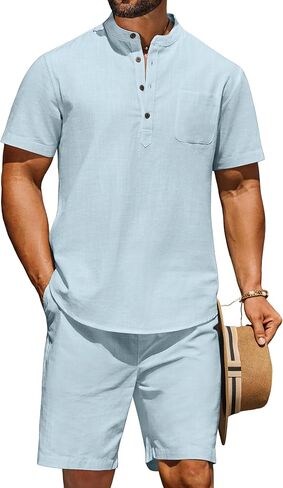 COOFANDY Men's 2 Piece Cotton Linen Sets Summer Beach Outfits Casual Short Sleeve Henley Shirts and Vacation Shorts in Saudi Arabia