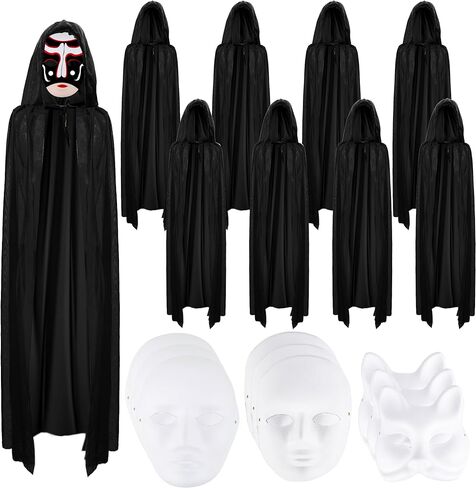 18 Pcs Adult Black Cape Masks Sets Include 9 Pcs Halloween Cloak9 Pcs White Mask Full Face Masks for Halloween Party Cosplay Dress Up Accessories in Saudi Arabia