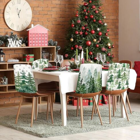 JarThenaAMCS 4Pcs Christmas Chair Back Cover Watercolor Cedar Forest Seat Covers Dining Chair Slipcover Protector for Winter Xmas Home Kitchen Decor in Saudi Arabia