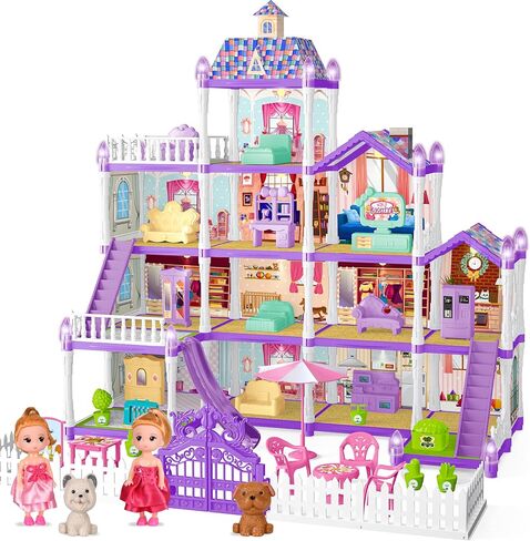 Doll House for Girls with Light,10 Rooms Dollhouse with Dolls Figure, Puppies, Furnitures, Accessories, Playhouse Gift for Kids 3 4 5 6 7 8 9 10 Year Old in Saudi Arabia
