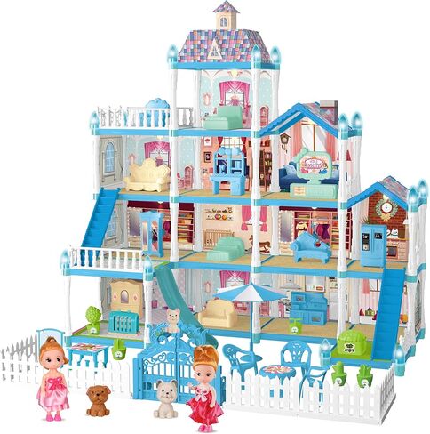 Doll House for Girls with Light,10 Rooms Dollhouse with Dolls Figure, Puppies, Furnitures, Accessories, Playhouse Gift for Kids 3 4 5 6 7 8 9 10 Year Old in Kuwait