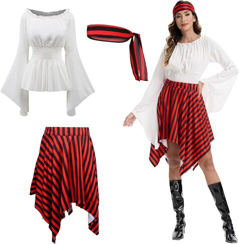 Pirate Costume Women Renaissance Shirt Dress with Head Scarf Halloween Pirate Queen Outfit in Saudi Arabia