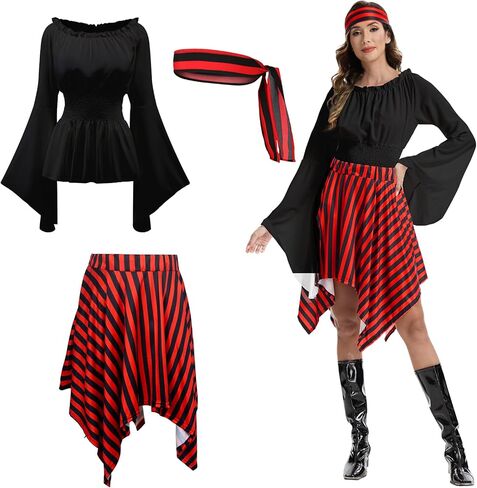 Pirate Costume Women Renaissance Shirt Dress with Head Scarf Halloween Pirate Queen Outfit in Saudi Arabia