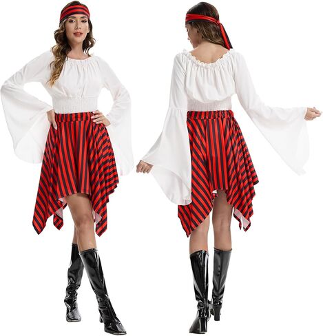 Pirate Costume Women Renaissance Shirt Dress with Head Scarf Halloween Pirate Queen Outfit in Saudi Arabia