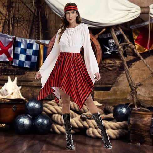 Pirate Costume Women Renaissance Shirt Dress with Head Scarf Halloween Pirate Queen Outfit in Saudi Arabia