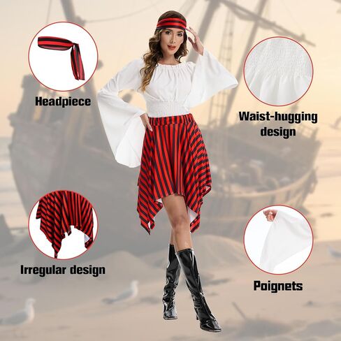 Pirate Costume Women Renaissance Shirt Dress with Head Scarf Halloween Pirate Queen Outfit in Saudi Arabia