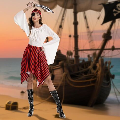 Pirate Costume Women Renaissance Shirt Dress with Head Scarf Halloween Pirate Queen Outfit in Saudi Arabia
